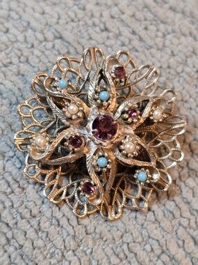 Vintage Filigree 2"Flower Brooch with Purple, Turquoise and Pearl Accents